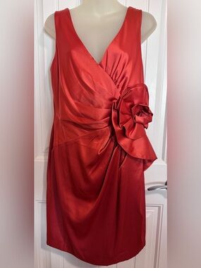 Red Sleeveless V-Neck Satin Cocktail Dress with Side Rosette